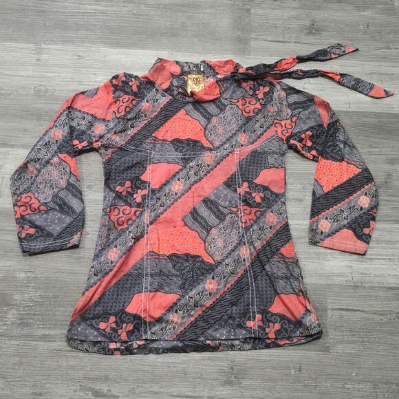 Batik Multi Color Abstract Pattern Pull Over Tunic Long Sleeve Blouse Shirt - Picture 9 of 9